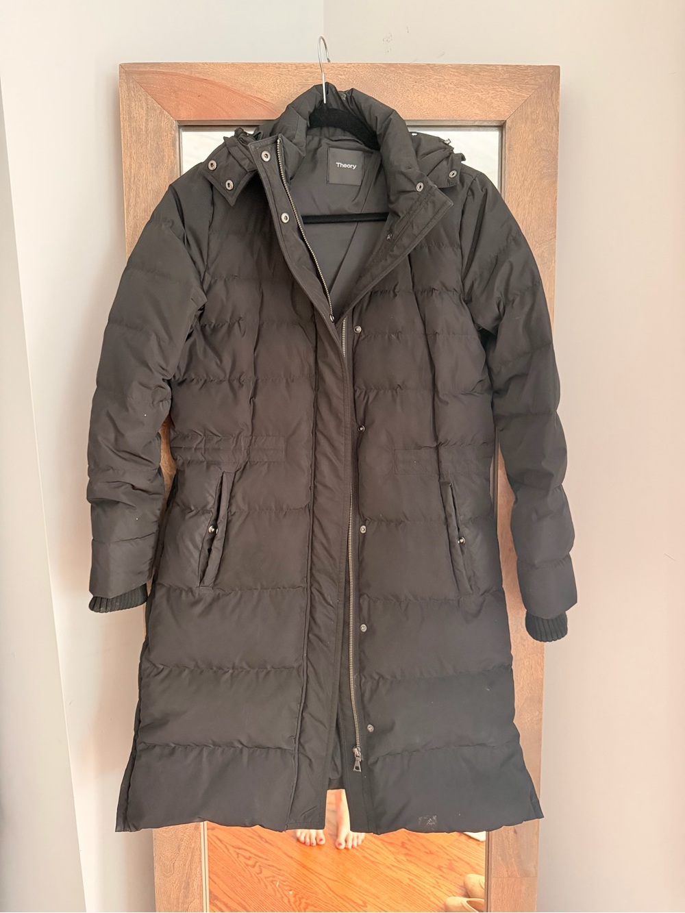 Theory Women's Black Long Hooded Puffer Coat